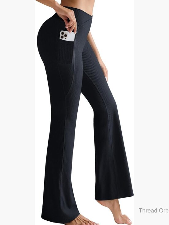 Pants - High Waist Ribbed Flare Leggings with Side Pockets for Yoga and Casual Wear